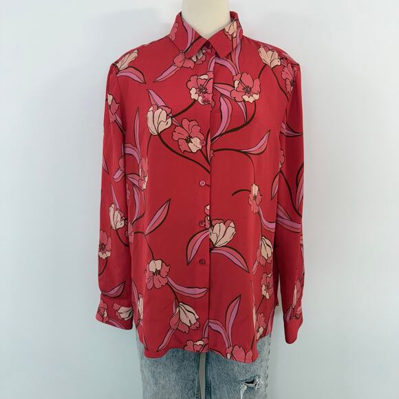 St. John Stretch Silk Button-Down Long Sleeve Shirt Poppy Red Floral 12 - Picture 2 of 12